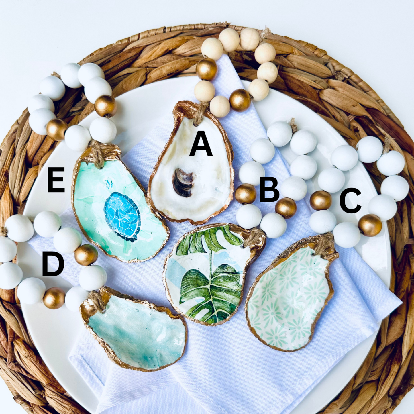 Decoupage Oyster Shell Napkin Ring: Tidepool Teal Collection