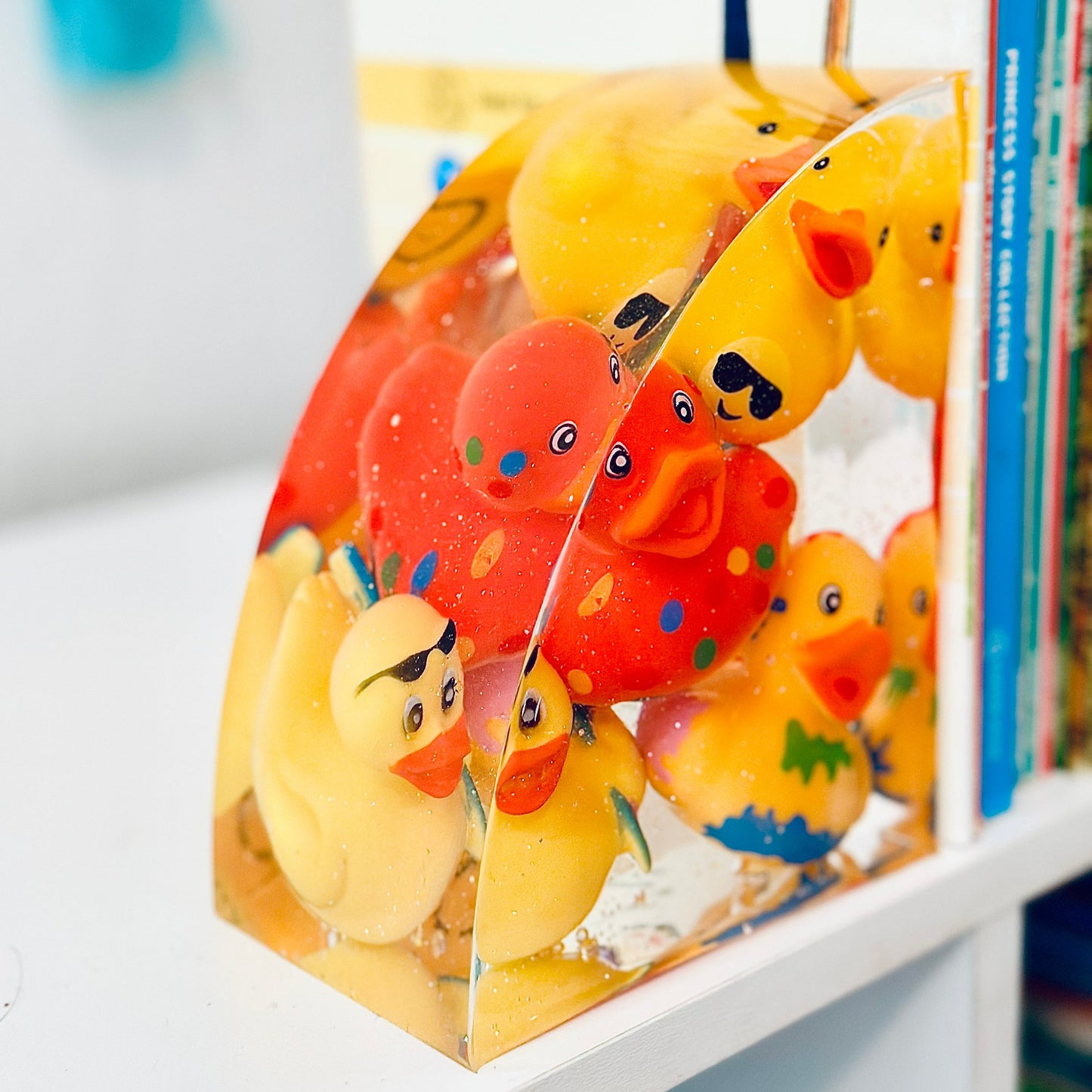 Side view of the ducky bookends showing their height and width.