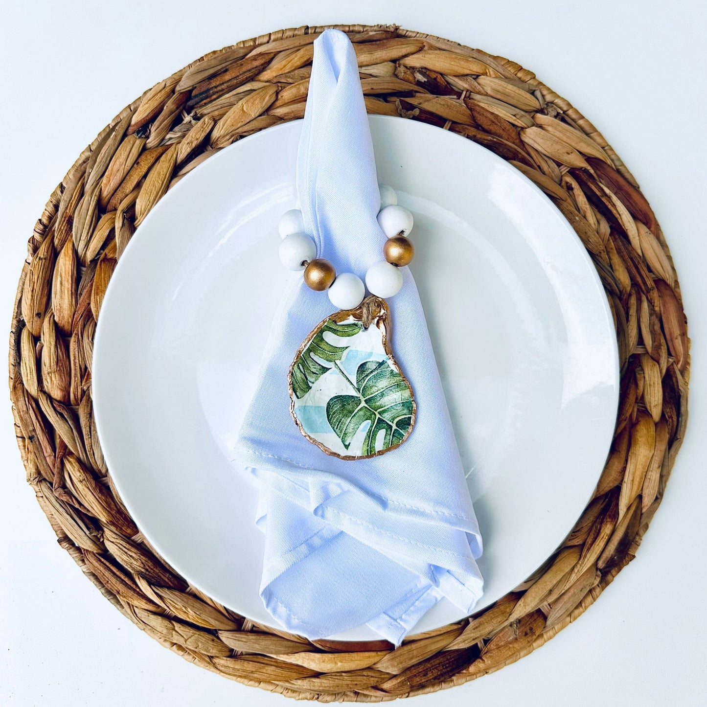 Decoupage Oyster Shell Napkin Ring: Tidepool Teal Collection