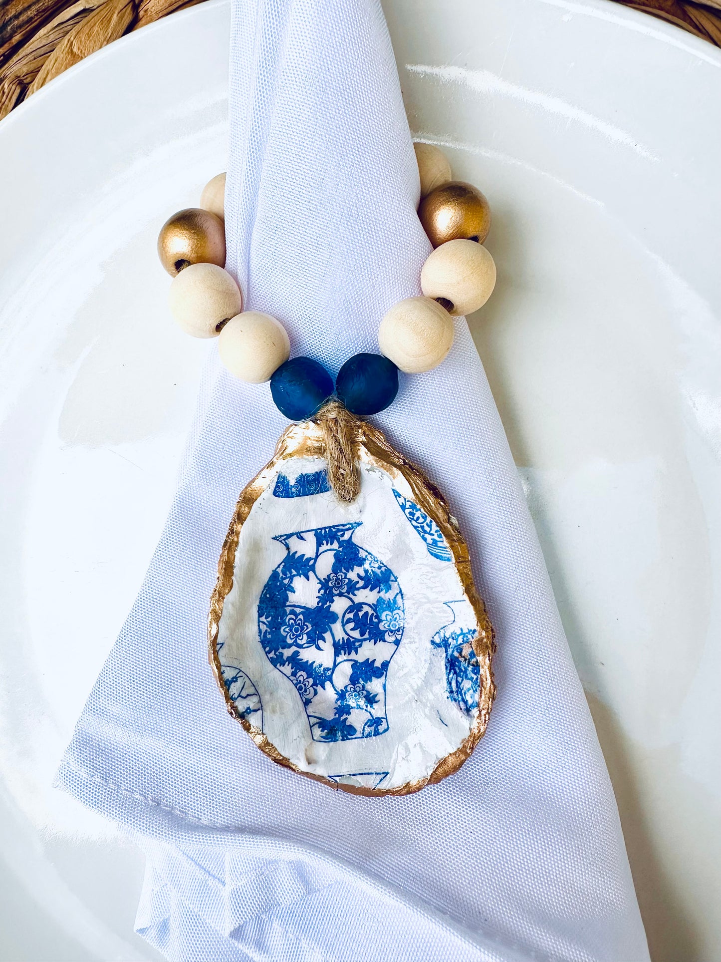 Decoupage Oyster Shell Napkin Ring: Santorini Collection