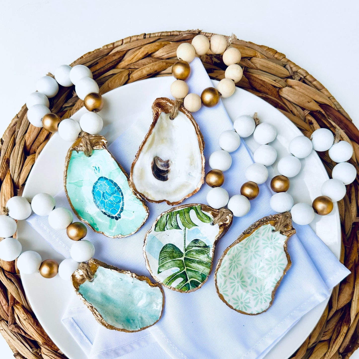 Decoupage Oyster Shell Napkin Ring: Tidepool Teal Collection