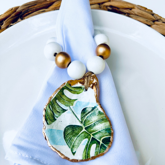 Decoupage Oyster Shell Napkin Ring: Tidepool Teal Collection