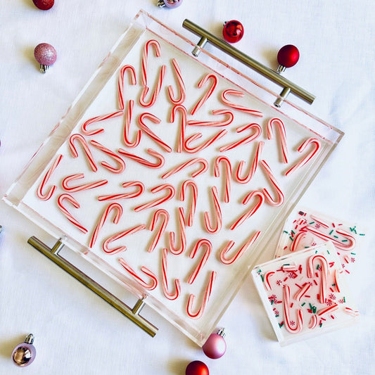 Candy Cane Acrylic Serving Tray and Coaster Set