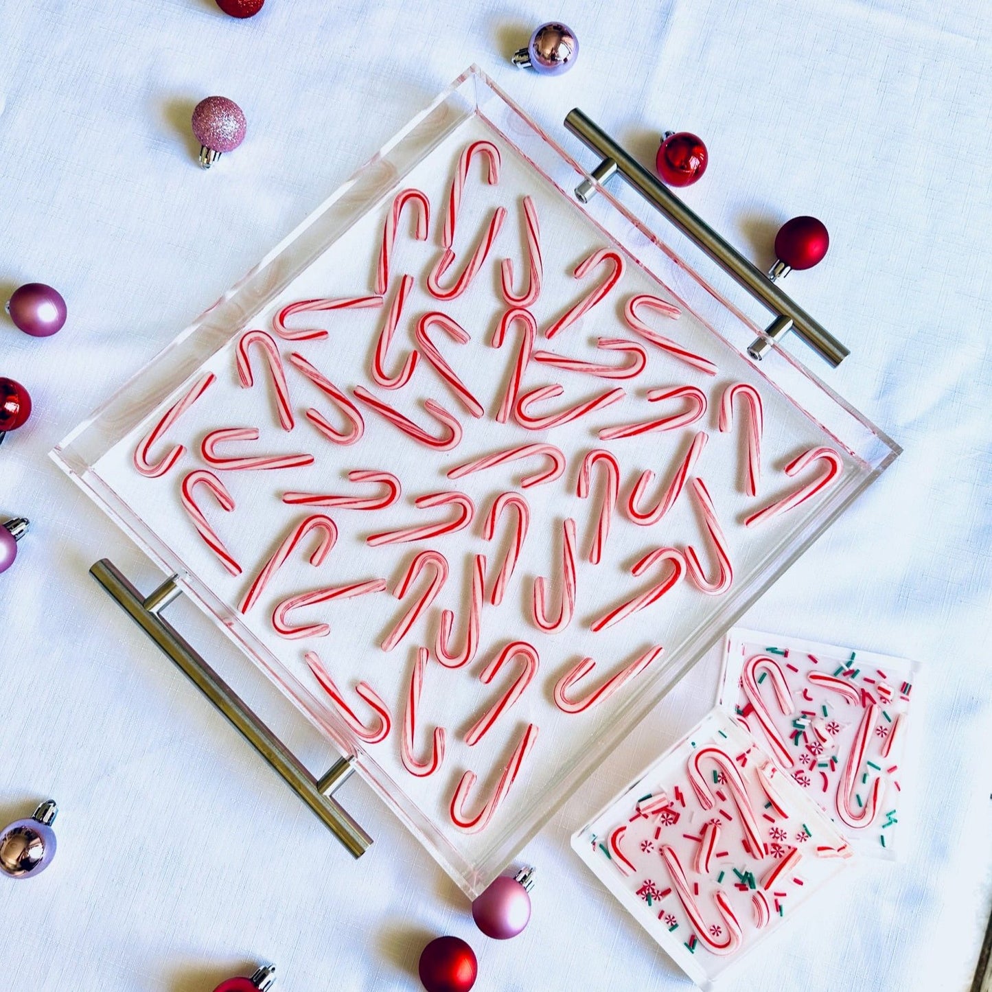 Candy Cane Acrylic Serving Tray and Coaster Set