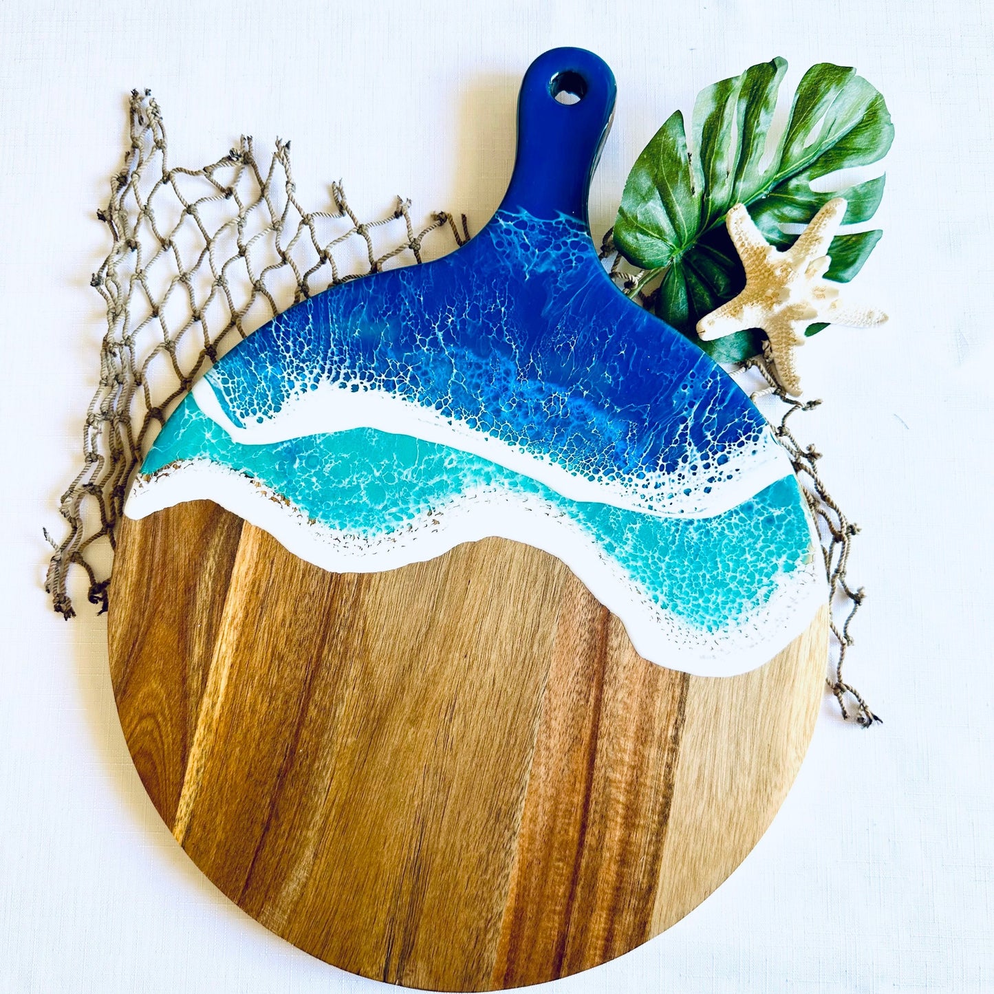 Round Wooden Cutting Board with Resin Ocean Wave