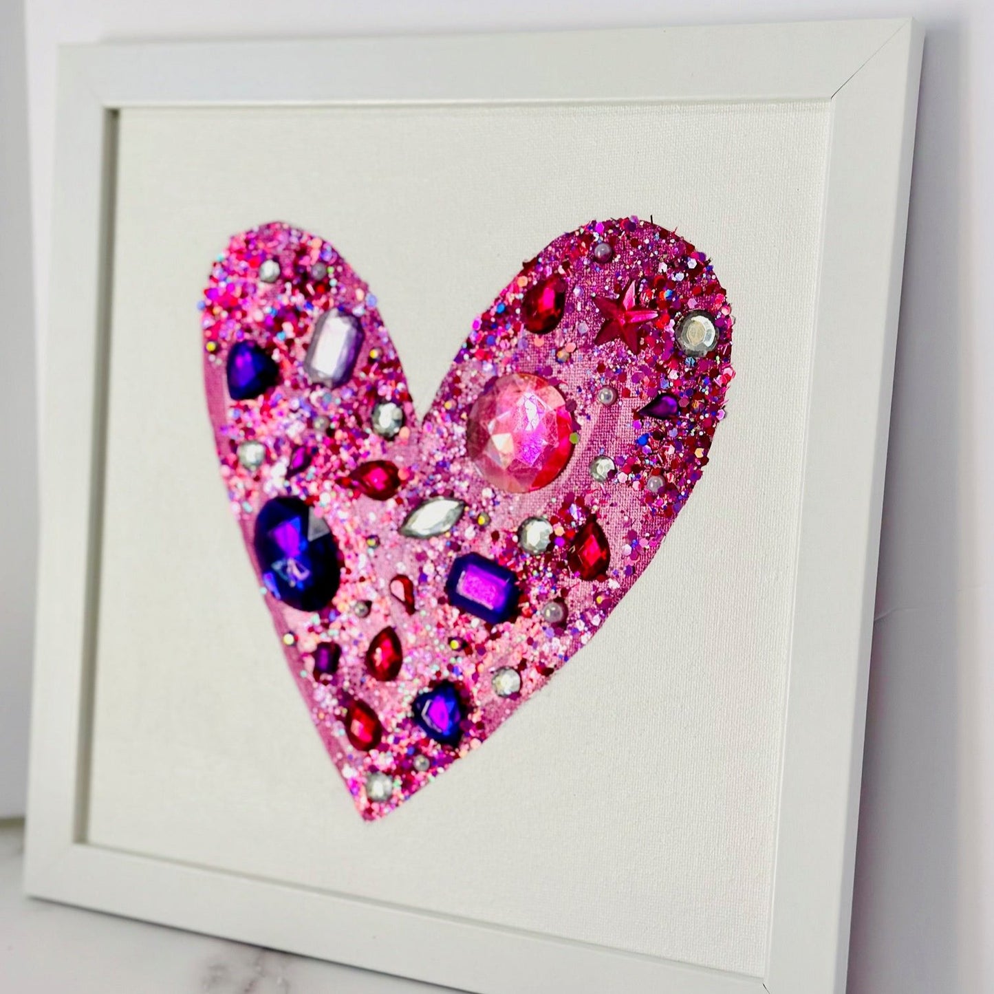 Pink Heart Painting with Rhinestones & Glitter