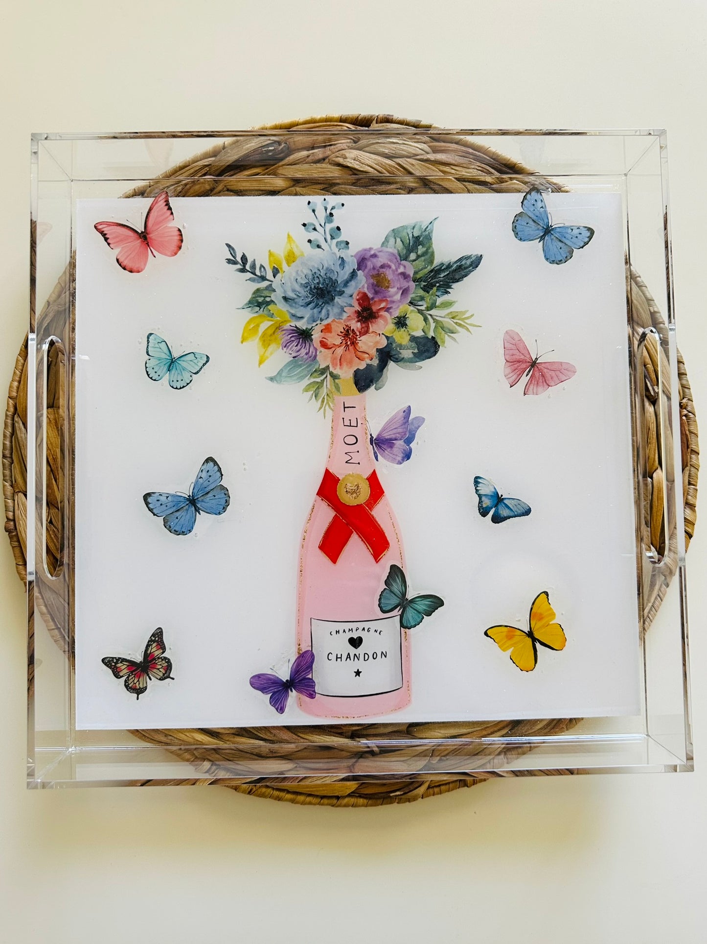 Watercolor Floral Champagne & Butterfly Serving Tray