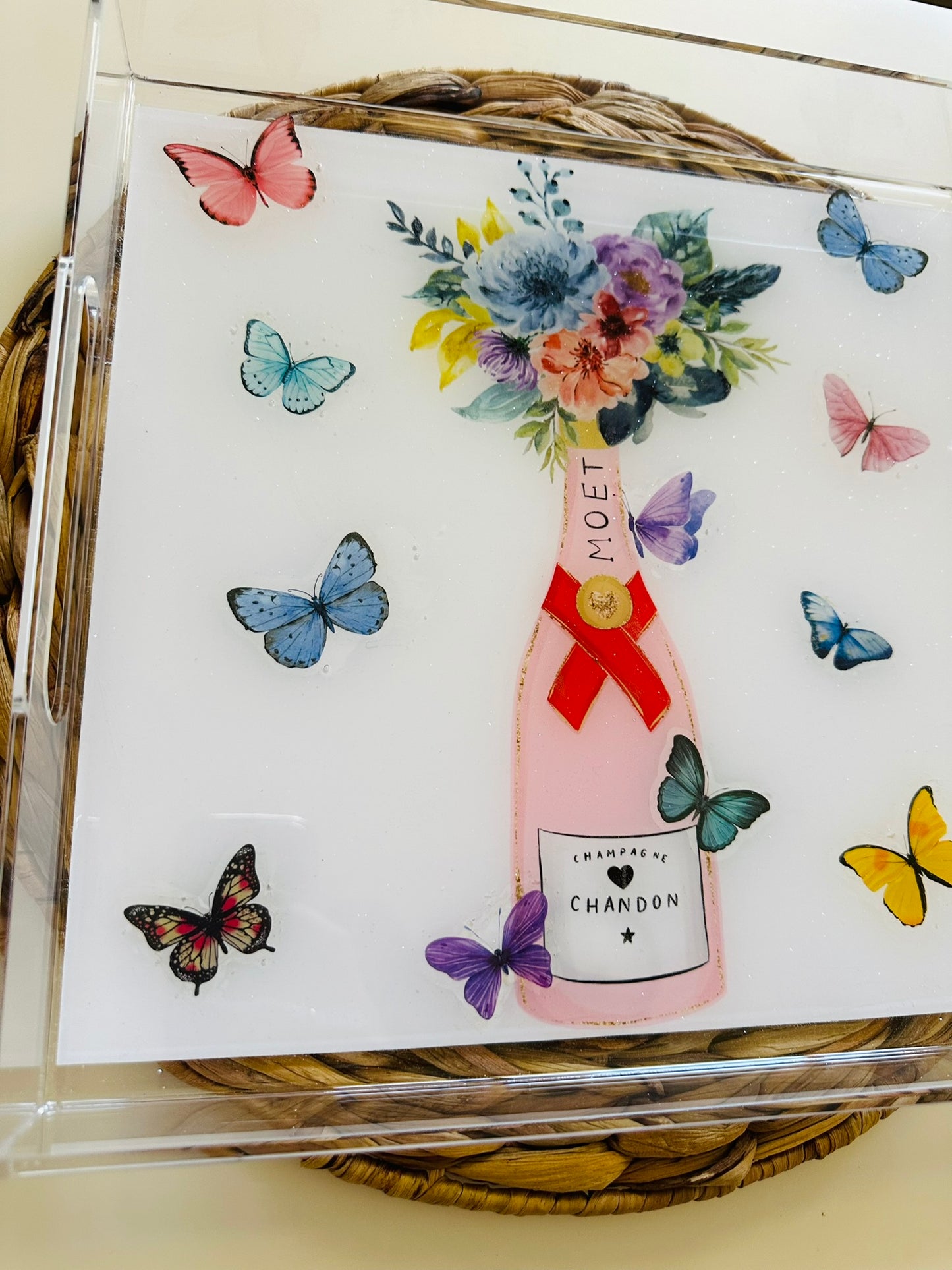 Watercolor Floral Champagne & Butterfly Serving Tray