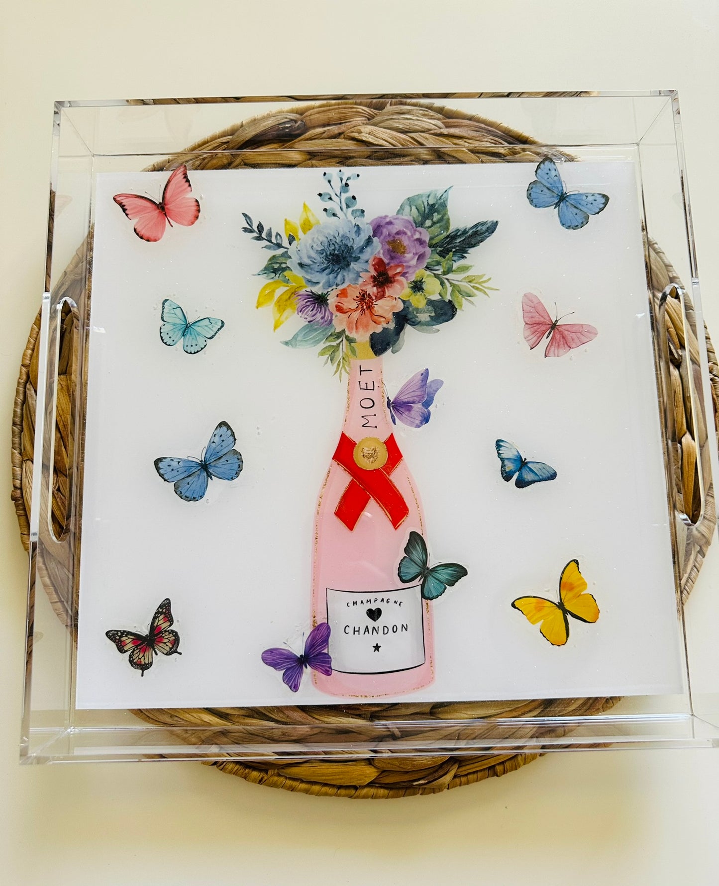 Watercolor Floral Champagne & Butterfly Serving Tray