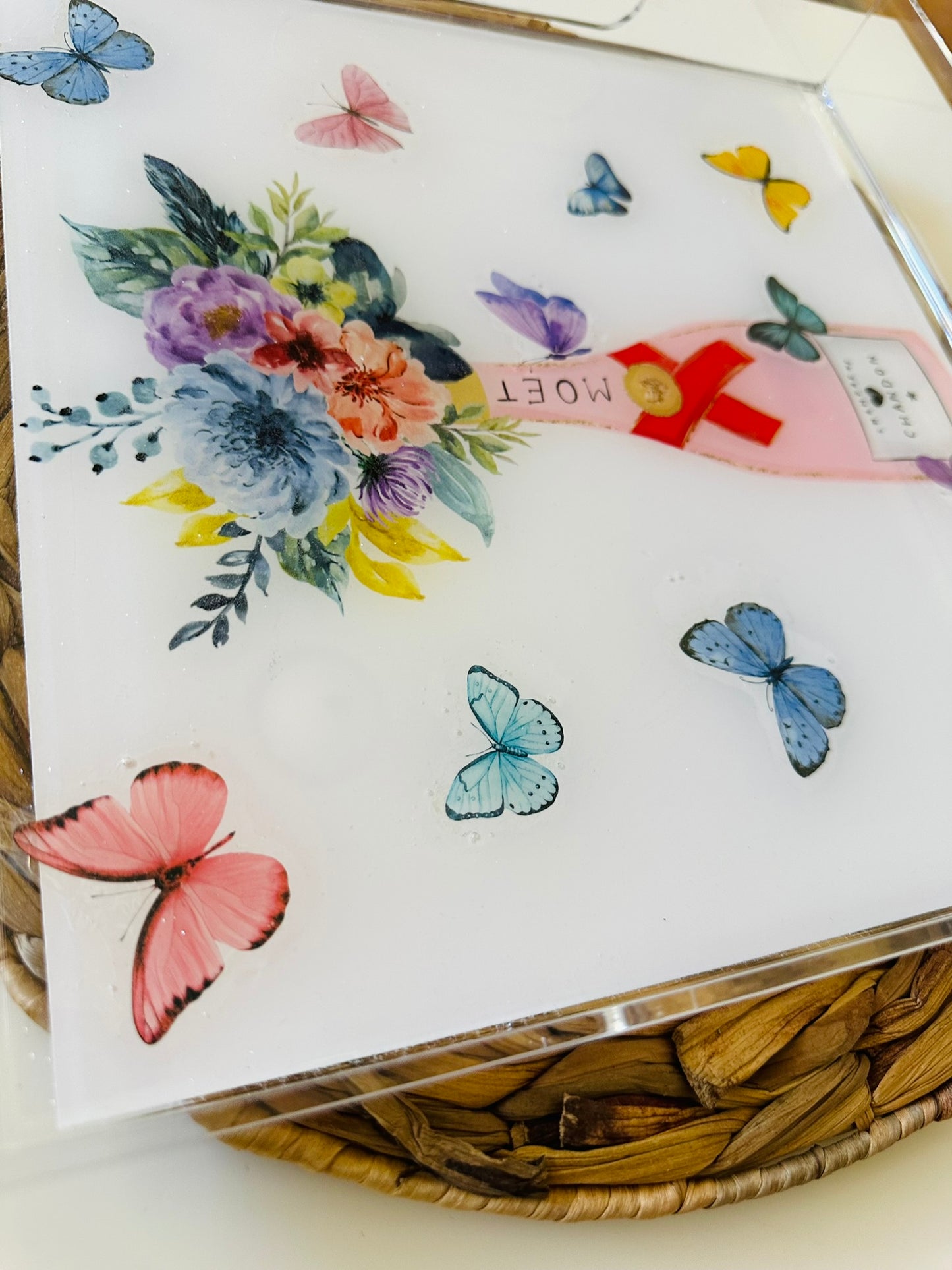 Watercolor Floral Champagne & Butterfly Serving Tray