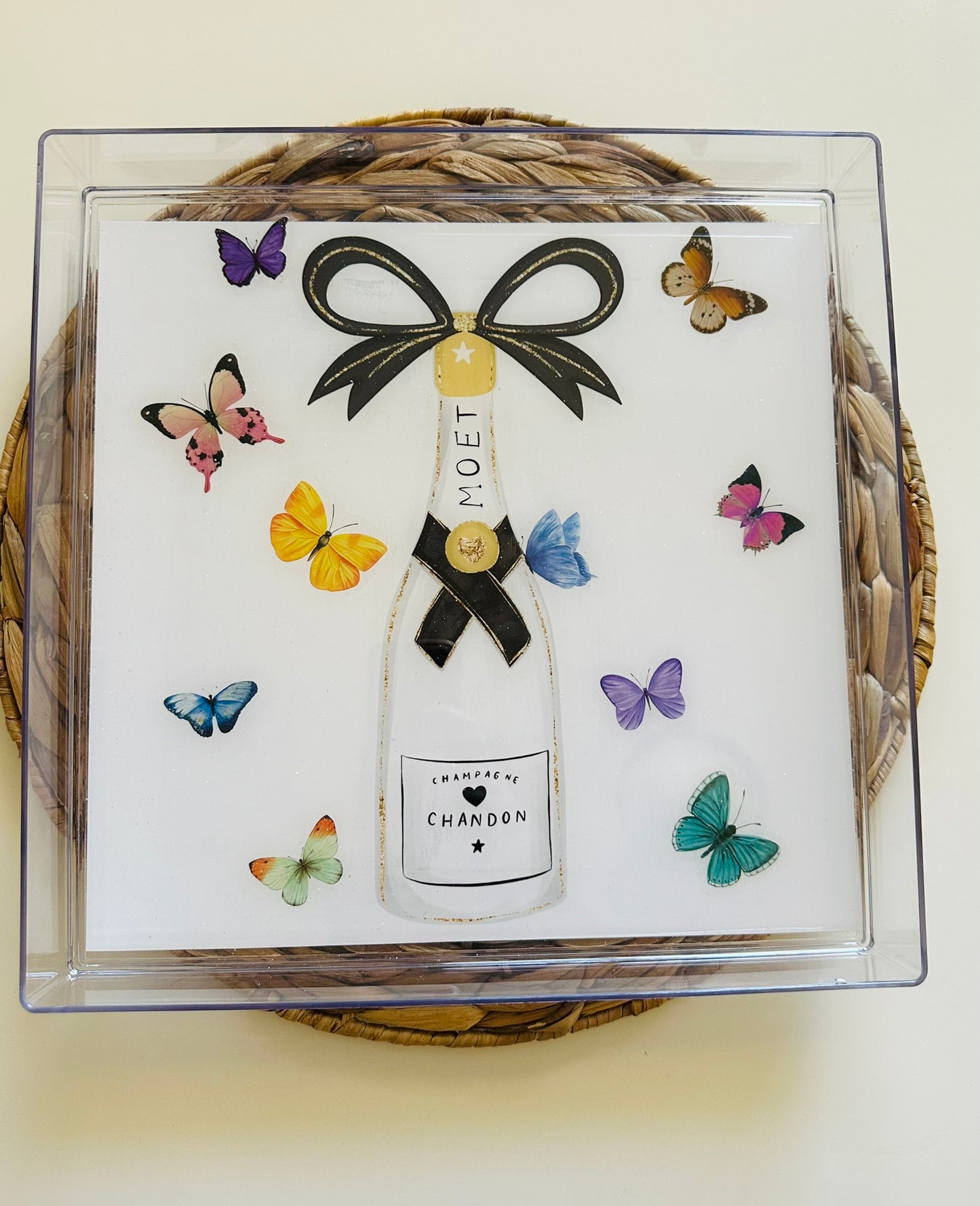 Monochrome Champagne & Butterfly Serving Tray