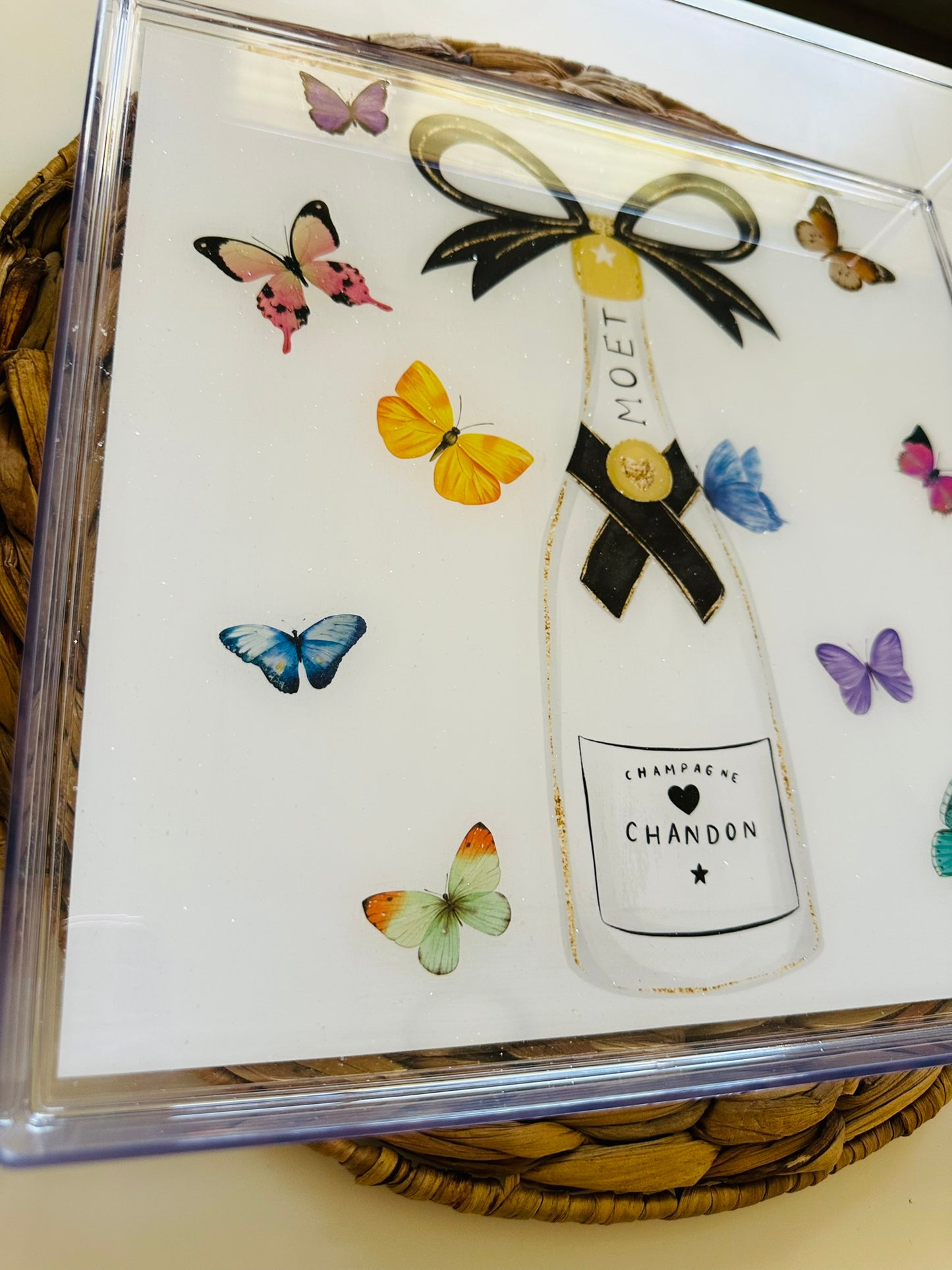 Monochrome Champagne & Butterfly Serving Tray