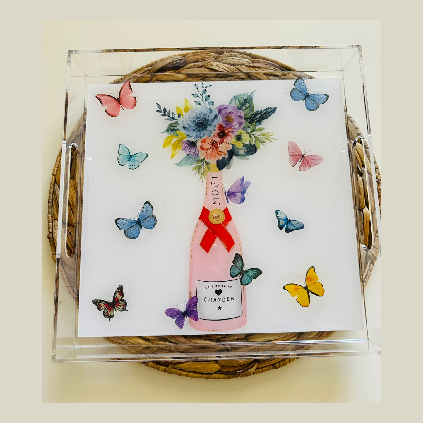 Watercolor Floral Champagne & Butterfly Serving Tray