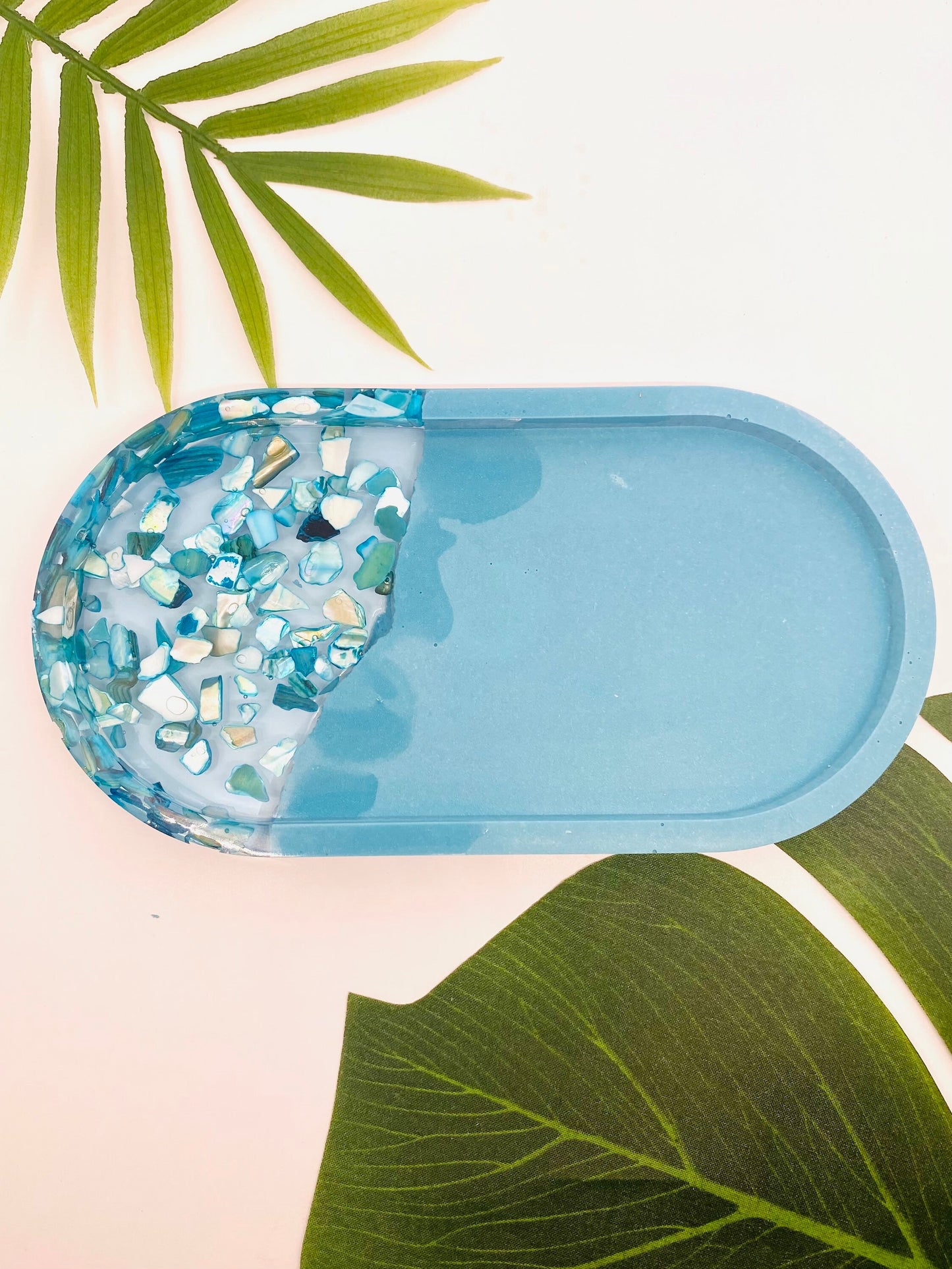 Blue Resin and Shell Oval Tray, Decorative Coastal Theme Tray, Catch All Tray, Trinket Tray, Decorative Tray